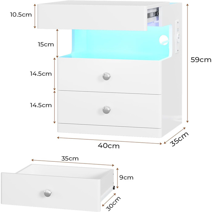 Нічний столик AOGLLATI з секретною поличкою, розеткою та LED-підсвіткою. 2 шухляди, висувний ящик, полиця. Білий, 40x35x59 см