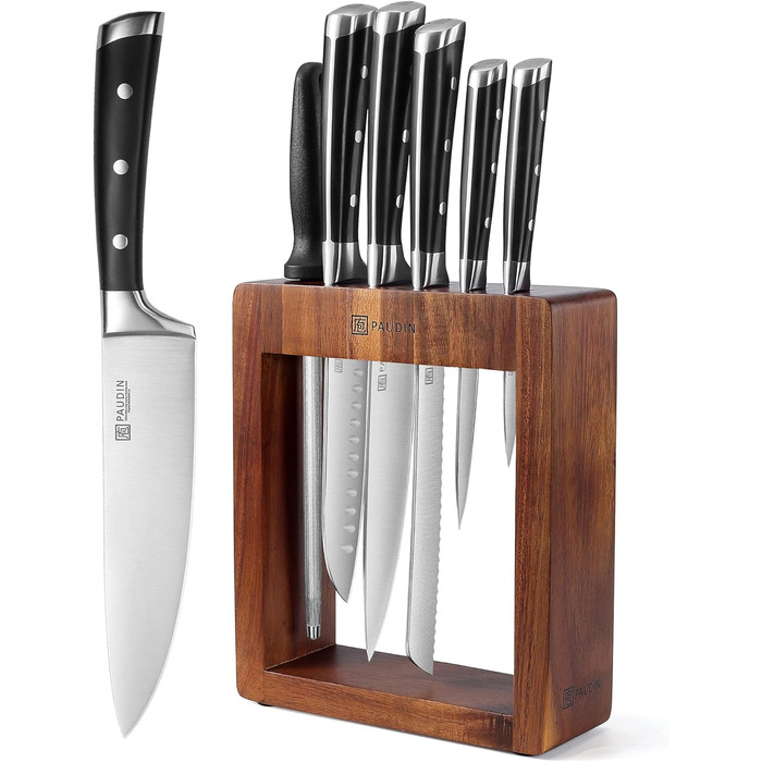 Набір ножів Paudin 7 предметів з дерев'яним блоком: кухонні ножі з нержавіючої сталі та ABS ручками