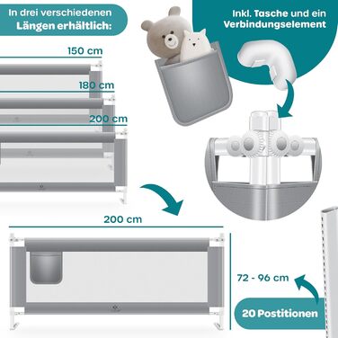 Захисний бортик для ліжка KESSER 200 см, сірий. Бортик для дитячого ліжка, захист від випадання, складаний та регульований по висоті, сітка Mesh, з кишенею