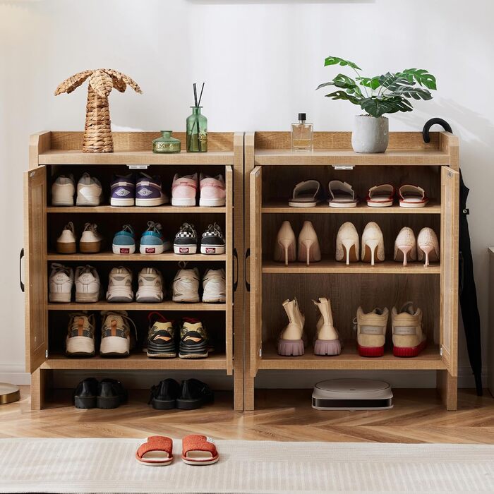 Шафа для взуття 5-ти ярусна у стилі Фармхаус з 2 дверцятами, самостійна шафа для взуття з регульованими полицями та металевими куточками для прихожого та коридору, білий (Ротен Браун, Коричневий)