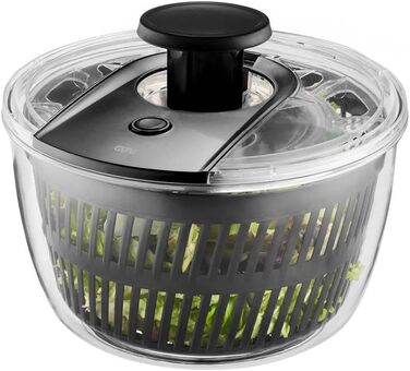 Салатниця-швидкообертач GEFU з кришкою для зберігання | 3л пластикова чаша з вбудованим ситом та ручним приводом | Чорний/Сірий колір