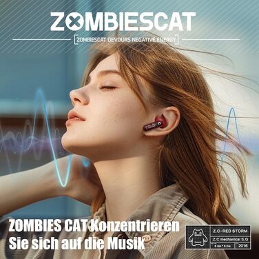 Навушники-вкладиші ZOMBIES CAT Bluetooth 5.3, HiFi стерео, сенсорний, світлові ефекти, для IOS/Android, червоний