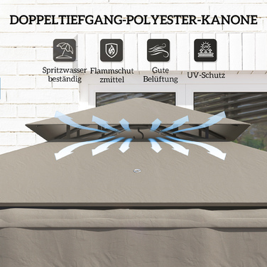 Газонний павільйон для барбекю 242x149x248 см, водовідштовхувальний, вогнестійкий, сірого кольору. Оснащений двошатровим дахом.