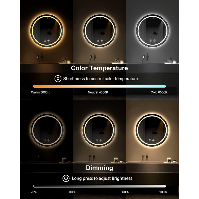 Дзеркало для ванної кімнати Dripex круглої форми з підсвічуванням LED, сенсорне керування, регулювання яскравості, 3 кольори світла, антизапарник, 50x50 см