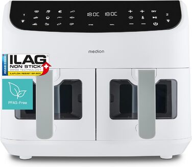 MEDION P20 XXL Фритюрниця для повітряного приготування з 2 камерами (8,7 л, Airfryer, 2600 Вт, подвійна камера, 10 автоматичних програм, 2 ящики, віконце, Dual Airfryer, ILAG PFAS-free, MD11760) матово-білий