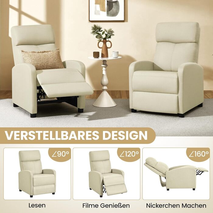 Крісло-релакс Yaheetech для телевізора з регульованою підставкою для ніг, крісло для відпочинку, бежеве, льон