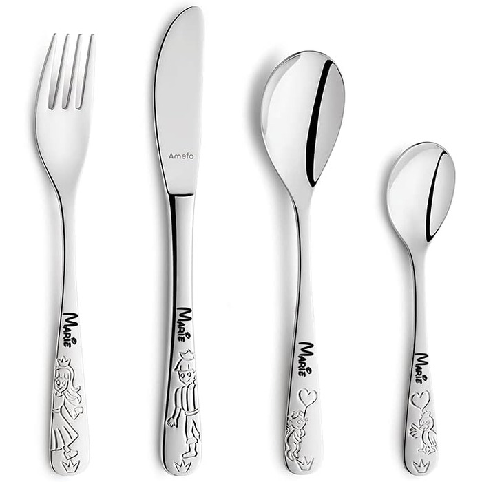 Дитячий набір столових приборів Kinderbesteck з гравіюванням імені/мотива принцеси, 4 шт. з нержавіючої сталі, гравіювання в стильних шрифтах