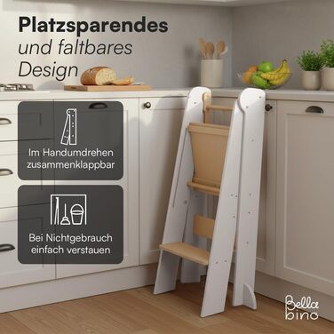 Лернтурм Bellabino Tay – навчальний столик для дітей від 1 року, регульована висота, білий, Монтессорі, з захистом від перекидання, з натурального дерева