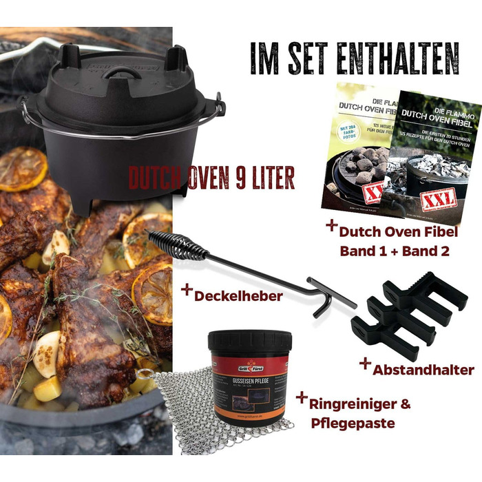 Dutch Oven Grillfürst DO 9 (9 літрів) - комплект з кришкою, підставкою, очисником та пастою для догляду + 2 фішки Dutch Oven XXL