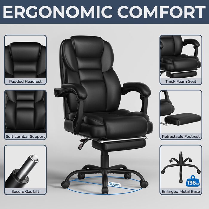 Ергономічне крісло Yaheetech для офісу, шезлонг з підставкою для ніг, комп'ютерне крісло з регульованими підлокітниками, висока спинка, регульована висота, для офісу, біле (чорне)