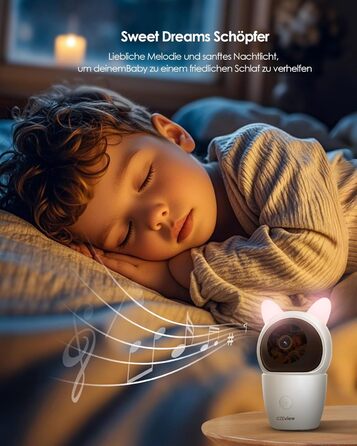 Відеоняня з камерою 2K HD Wi-Fi Babyphone з додатком, 360° огляд, 4x Zoom, нічний режим, датчик руху/плачу/звуку, термометр, чорний - 1 камера