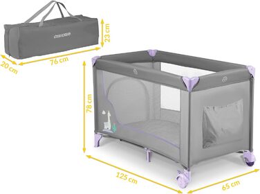 Дитяче ліжечко для подорожей Ricokids, портативне, манеж, 125x65x78 см, вантажопідйомність 15 кг, складне, два колеса з гальмами, знімний бічний вхід, матрац, сумка, сірий (лавандово-сірий)