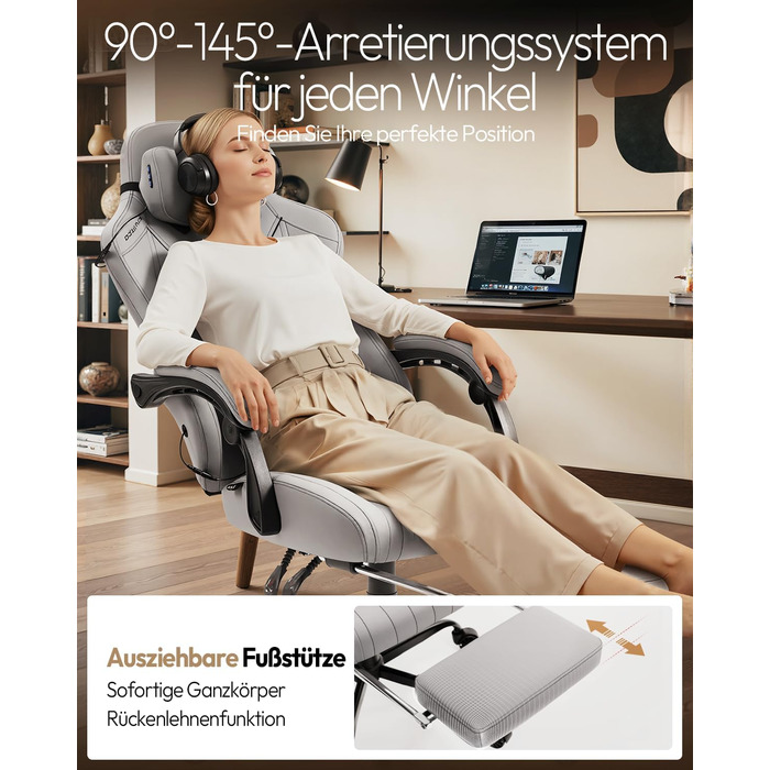 Ігровий крісло Dowinx з масажем, ергономічний дизайн, підтримка попереку та шиї, до 135 кг, шкіра, чорний (сірий), для дорослих