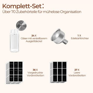 Набір банок для спецій ComSaf (24×120 мл) з мітками, дозатори, з нержавіючої сталі, органайзер