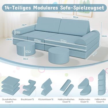 Дитяче ігрове диван-крісло, 15-ти частинний модульний диванчик для дітей, з сертифікатом Oeko-Tex 100, з м'якого велюру (блакитний)