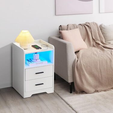 Тумбочка CLIPOP LED & Socket, біла, з шухлядою та функцією зарядки, 35x50x55.5 см (набір з 2 шт. )