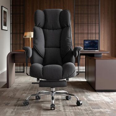Ергономічний офісний крісло Efomao XXL до 200 кг з підставкою для ніг, чорний. Крісло для дому та офісу з товстою подушкою та високою спинкою.