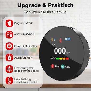 Детектор чадного газу та газу з вилкою, 4-в-1 CO-детектор з датчиком температури та вологості, з акустичним сигналом для дому та автокаравану, 1 шт. (Чорний)