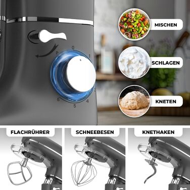 Кухонна машина з тістомісом та спагетницею – 2000W, з нержавіючою сталею, 6.2L, сірий колір