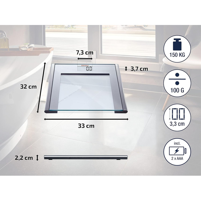 Цифрові ваги для ванної кімнати Soehnle Silver Sense з функцією ввімкнення/вимкнення, ваги для тіла з практичним РК-дисплеєм, шкала для високої стійкості та велика поверхня протектора з безпечного скла срібла