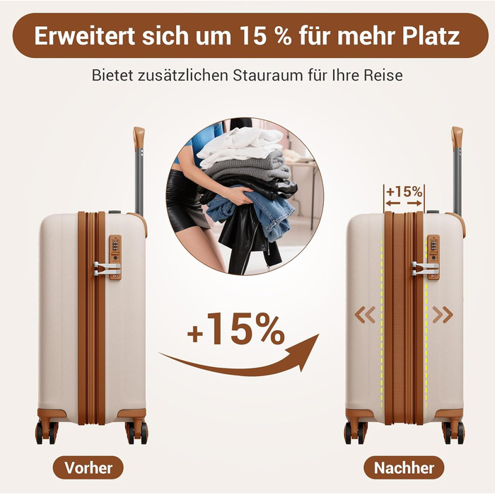 Чемодан ручної поклажі KONO з тримачем для напоїв, жорсткий, легкий, з поліпропілену, розширюваний, 4 колеса, TSA-замок, кремовий/коричневий, M