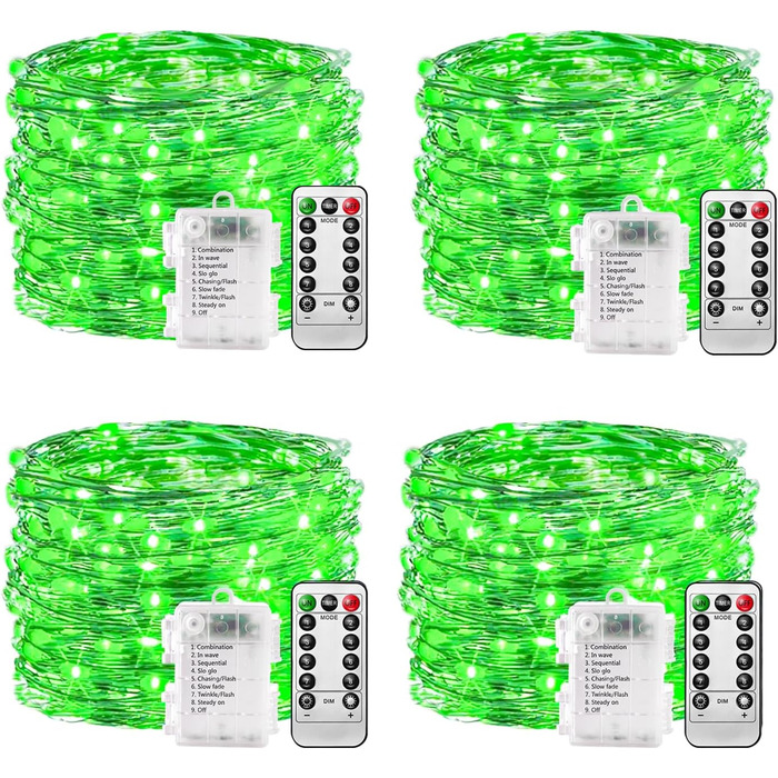 Гірлянда світлодіодна на батарейках, 100 LED, 10м, 8 режимів, пульт дистанційного керування, таймер, тепле біле світло, диммування, вологостійка, 4 зелені гірлянди