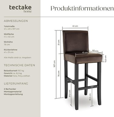 Барний стілець tectake® з підніжкою, 2 шт. в наборі, дерево та штучна шкіра, 107 см