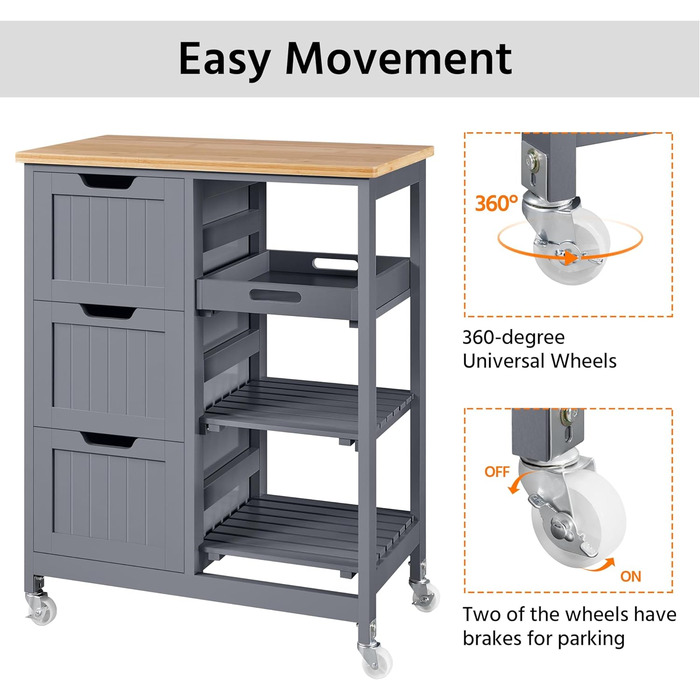 Візок для кухні Yaheetech з 3 ящиками та відсіками для зберігання, коліщатками та гальмами, 67x37x84.5 см (темно-сірий)