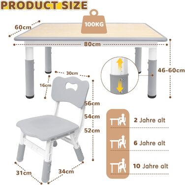 Дитячий стіл зі стільцями (80x60 см), регульована висота, сірий. Ідеально для дитячого садка, ігор, малювання. Легко миється. Комплект для дітей від 2 років.