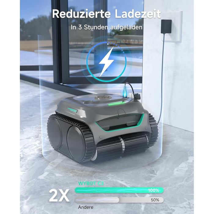 Робот-пилосос для басейну WYBOT C2: акумуляторний, для вбудованих басейнів до 150㎡, подвійне фільтрування, потужний двигун, чистка дна та стін, 180 хвилин роботи, керування через додаток (чорно-зелений-сірий)