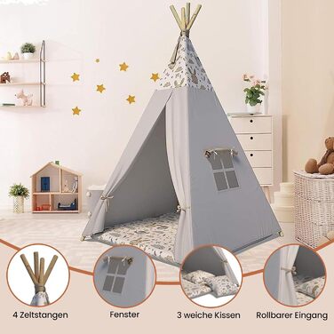 Тіпі-намет для дітей | Ігровий намет для дитячої кімнати | Намет-вігвам з м'якими подушками | Міцний намет-вігвам у стилі індіанців | Безпечний намет-вігвам для дому | Сірий намет-вігвам з тваринами для дитячої кімнати