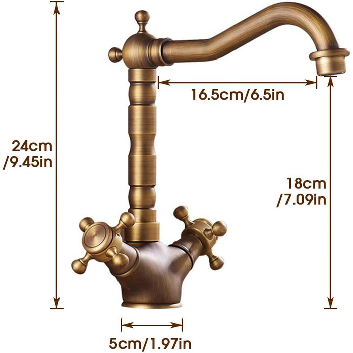 Антикварний мідний поворотний змішувач на 360, Подвійний латунний змішувач, Кухонна раковина, Матовий змішувач, Вбиральня, Ніжний вінтажний змішувач для гарячої та холодної води
