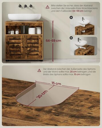 Підставка під раковину VASAGLE, шафка для ванної кімнати, 60 x 30 x 63 см, шафка для ванної, комод для зберігання з 2 дверцятами-решітками, з регульованою полицею, вінтажний коричневий BBK04BX