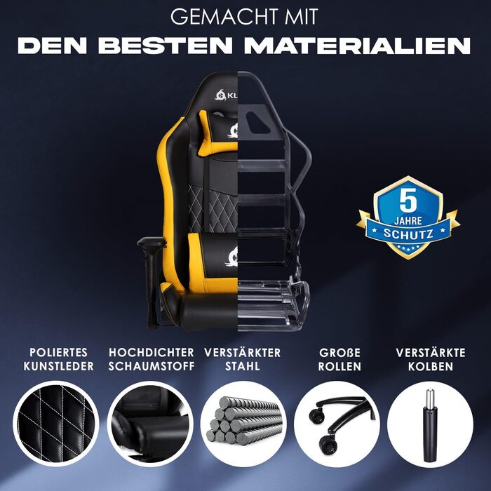 Ігровий крісло KLIM Esports – PC крісло з регульованою спинкою, підлокотниками 4D, подушками для голови та попереку, 170 кг, тиха база – жовтий