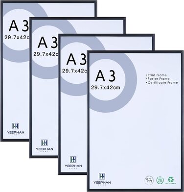 Велика чорна рамка для фотографій формату А2 з пластиковим склом спереду, рамка формату А2 з паспарту для рамки формату А3 59,4 x 42 см-алюмінієва рамка для фотографій/настінна рамка для плакатів, 2 упаковки (4 шт. формату А3, чорний метал)