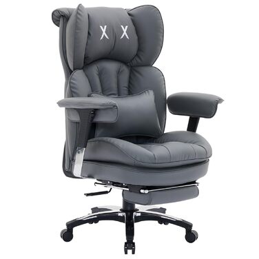 Офісне крісло Efomao X-Stickerei для дому та офісу, шкіряне (PU) для великих та високих, з регульованою спинкою, підставкою для ніг та підтримкою попереку, чорне, до 200 кг