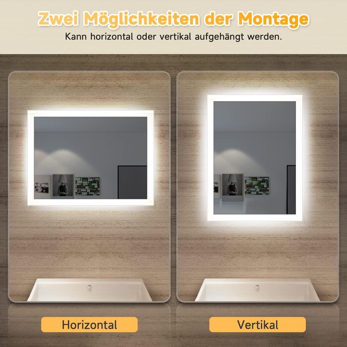 LED дзеркало для ванної кімнати SONNI 60x50 см з підсвічуванням, IP44, вертикальна/горизонтальна установка