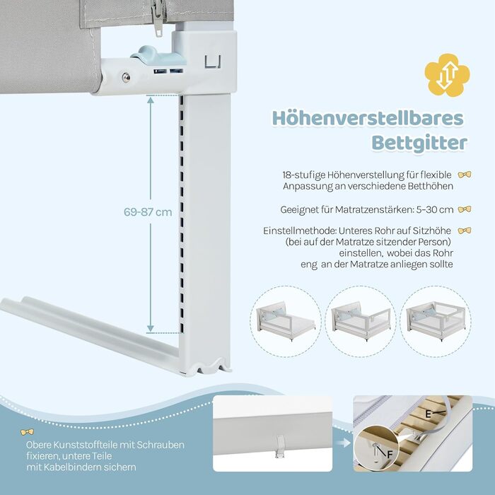Бортик для ліжка WOLTU 150 см, захисний бортик для дітей та немовлят, регульована висота 69-87 см, тканина Оксфорд, металевий каркас, світло-сірий