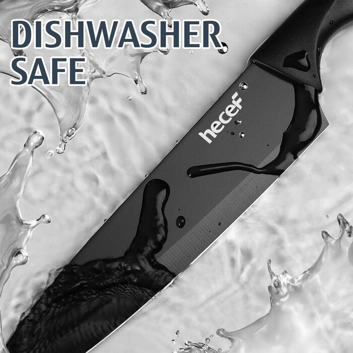 Набір кухонних ножів Hecef 15 предметів з бруском, чорний, з антипригарним покриттям, можна мити в посудомийній машині, самозаточуваний брусок, ергономічні ручки, кухонний набір ножів для початківців та кулінарів-ентузіастів