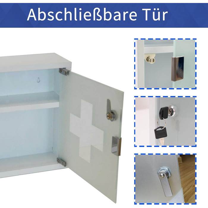 Шкафчик для ліків Style Home з замком, 60x30x12 см, 4 відділення, металевий, з дверцятами зі скла, включаючи 2 ключі (білий)