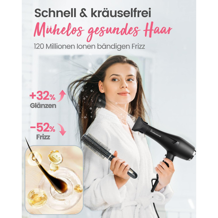 Професійний іонний фен для волосся Dekuri з диффузором та 2 насадками-концентраторами, 3 температурні та 2 швидкісні режими, чорний