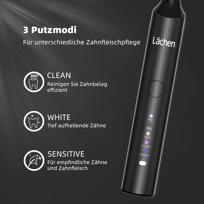 Електрична звукова зубна щітка Läschen з 5 режимами, кейс, 4 насадки, USB-зарядка, таймер, IPX7, чорна