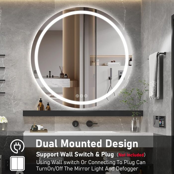 Дзеркало для ванної кімнати з підсвічуванням, 60 см, кругле, з антизапарюючим покриттям, регульоване, 3 кольори світла (80x80 см)