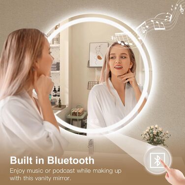 Дзеркало для ванної кімнати Habison з підсвічуванням 70x70 см LED, з годинником, сенсорним вимикачем, регулюванням яскравості, захистом від запотівання, 3-х кратним збільшенням, Bluetooth, 3 кольори світла