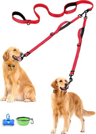 Повідець для собак PetBonus подвійний повідець для 2 собак, повідець для собак середнього розміру, регульований світловідбиваючий повідець для собак з 4 зручними м'якими ручками (червоний)