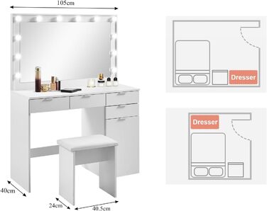 Туалетний столик з дзеркалом, LED підсвічування, 4 ящики, шафа і табурет, білий