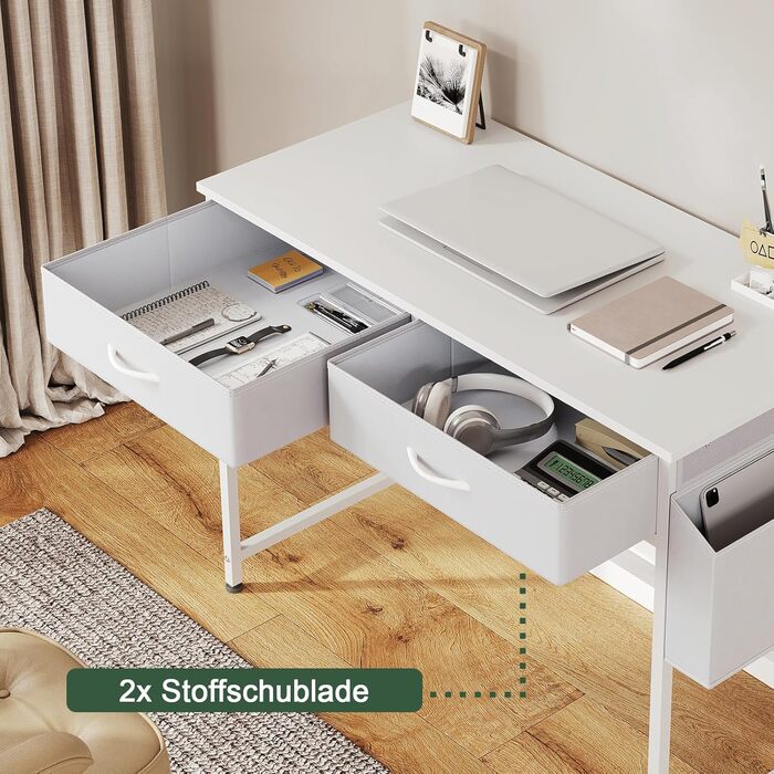 Комп'ютерний стіл Klihome з 2 ящиками та місцем для зберігання - 120x48x75 см, білий, з тримачем для навушників (100x48 см)