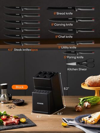 Набір ножів FOHERE 13 предметів з точилкою. Набір кухонних ножів з нержавіючої сталі з підставкою та інтегрованою точилкою (чорний)