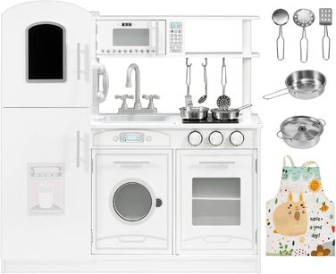 Дитяча дерев'яна кухня Mamabrum з LED-підсвічуванням. Регульована висота, набір з аксесуарами (крижанка, мікрохвильова піч, плита, посудомийна машина). Іграшка для дітей від 3 років (кухня для хлопчиків та дівчаток, білий колір)