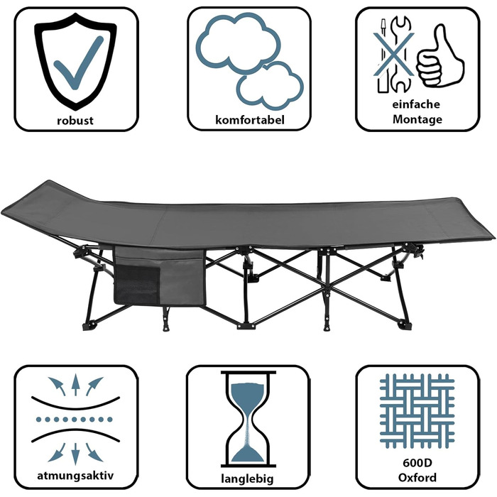 Складане кемпінгове ліжко ALPIDEX з м'яким матрацом та кишенею, витримує до 200 кг, сіре